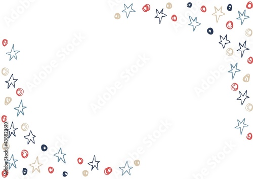 Composition of frame with stars and dots of american flag colours and copy space on white background
