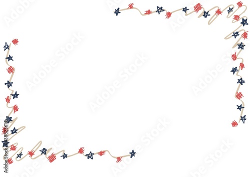 Composition of frame with stars and squiggles of american flag and copy space on white background