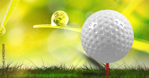 Composition of close up of golf ball on red tee on grass with copy space