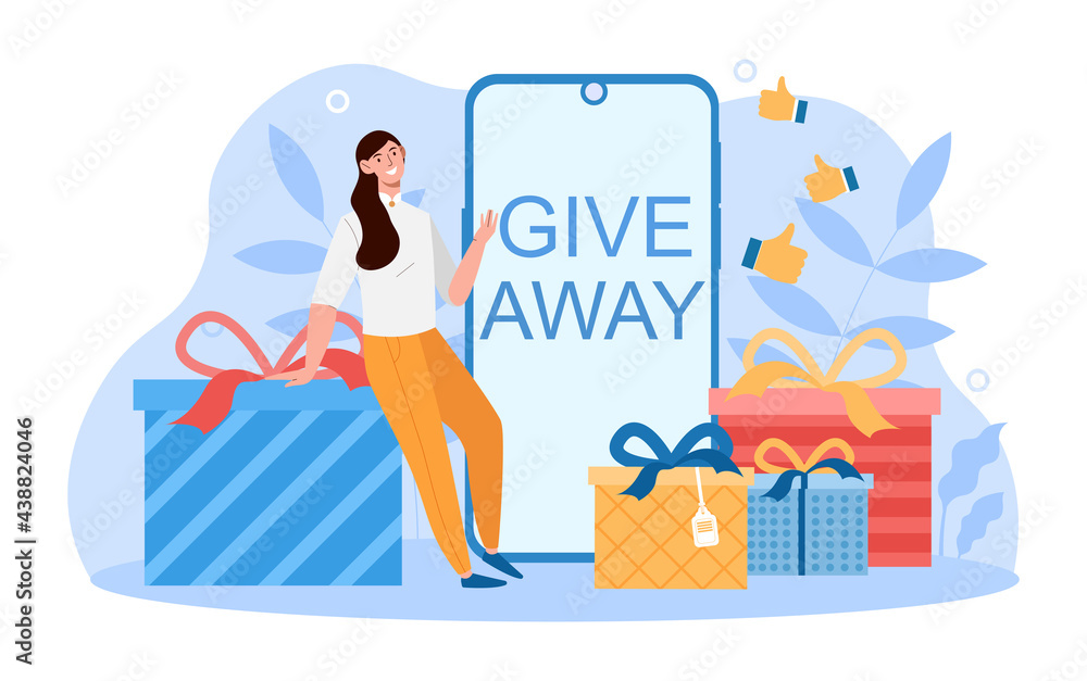 Young smiling female character is on a presents give away haul Young smiling female character is on a presents give away haul