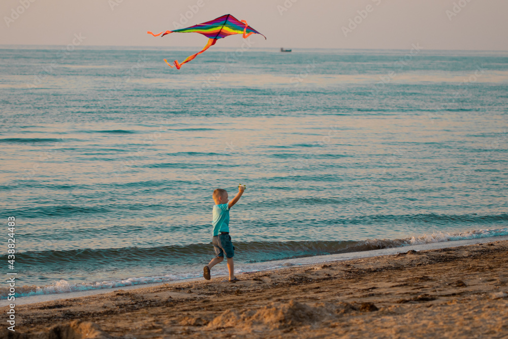 child flies a kite on the beach. A boy runs along the seashore with a bright kite