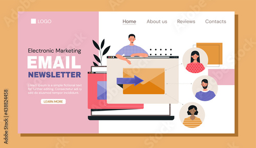 Young male character is working as email newsletter manager in company