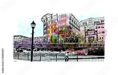 Building view with landmark of Greenville is a city in South Carolina. Watercolor splash with hand drawn sketch illustration in vector.
