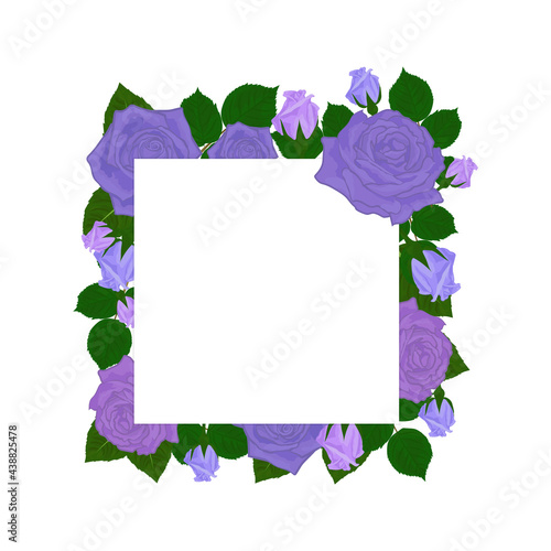 Floral greeting card with purple rose flowers, buds and leaves wreath. Vector illustration.