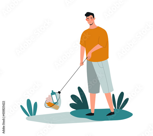 Young male character is collecting plastic trash with a stick