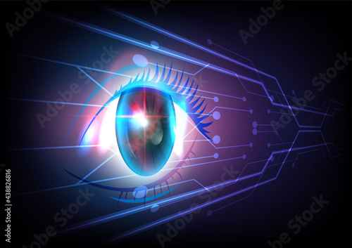 Security and safety concept. Perspective glowing Eye of technology futuristic digital background