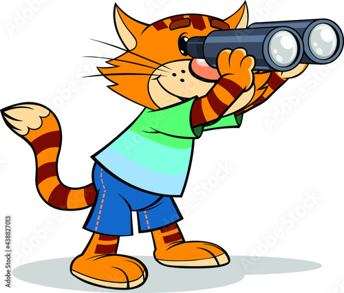 Red cat with binoculars.
Color vector illustration of a cartoon red striped cat looking through binoculars.