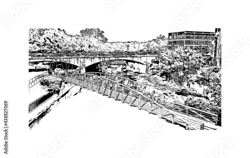 Building view with landmark of Greenville is a city in South Carolina. Hand drawn sketch illustration in vector.