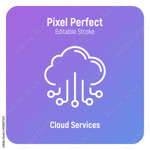Cloud services thin line icon. Data storage. Pixel perfect, editable stroke. Vector illustration.