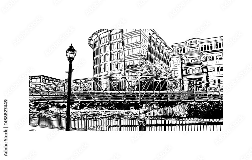Building view with landmark of Greenville is a city in South Carolina. Hand drawn sketch illustration in vector.