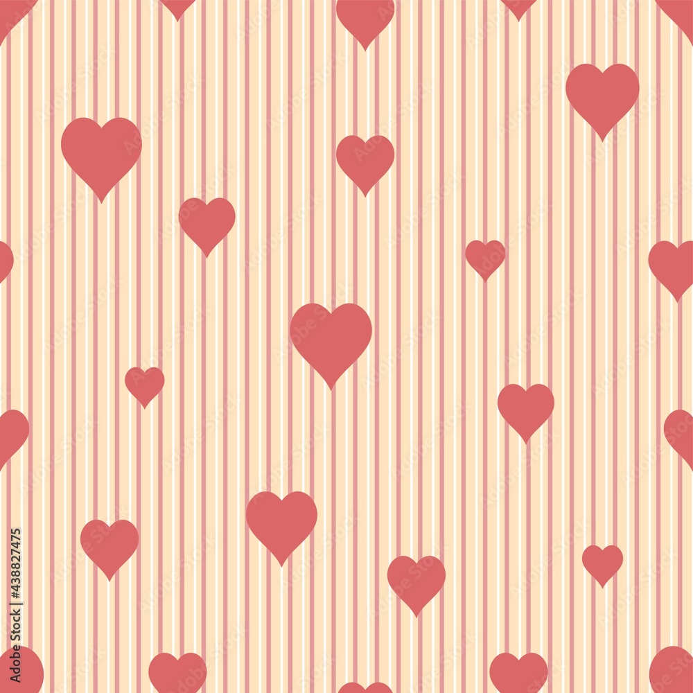 Sweet Hearts Vector Seamless Pattern On A Striped Backdrop In Red And Cream