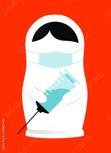 Poster about vaccination with the Russian vaccine. The symbol of Russia is a matryoshka doll holding a syringe photo