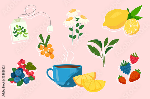Cute sticker of tea ceremony with fruits and berries on pink background