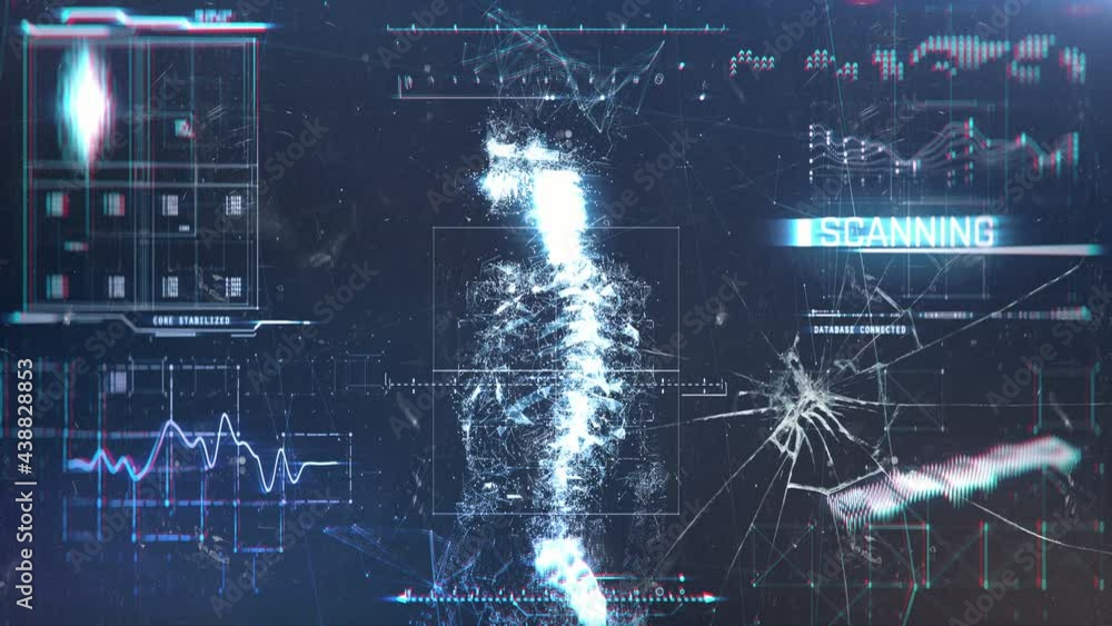 Screen showing person's body scan results, broken glass, post-apocalyptic scene. Medical software showing patient's body scan Screen showing person's body scan results, broken glass, post-apocalyptic scene. Medical software showing patient's body scan