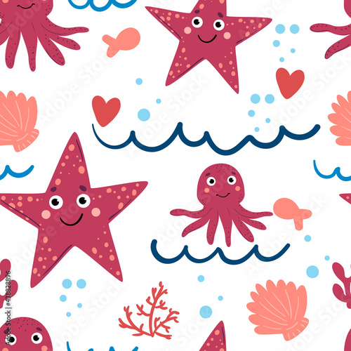 Seamless background with cute sea animals. Pattern with star and octopus. For design  web  graphics  textiles and advertising. Vector illustration