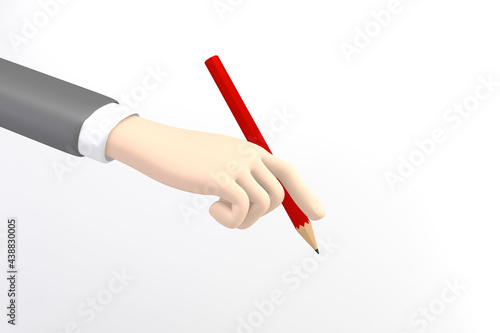 Business cartoon mockup hand holding a red pencil on white background. 3D rendering.