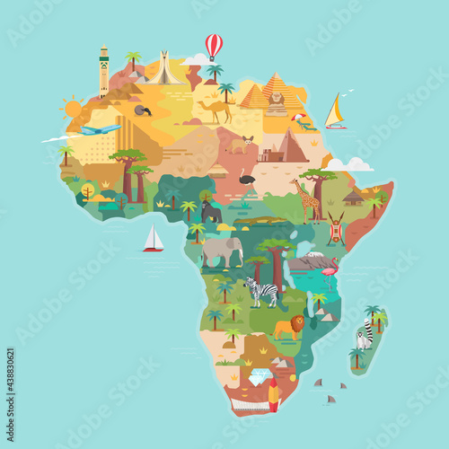 Africa tourist map with famous landmarks.