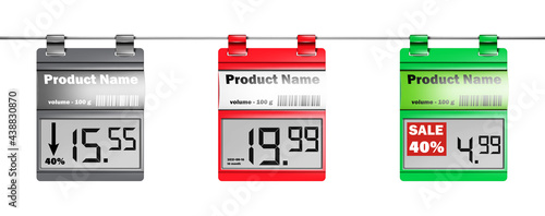 Electronic shelf labels. E-paper displays with paper label holders for supermarket price tags. Color set. Easy to recolor. Vector template