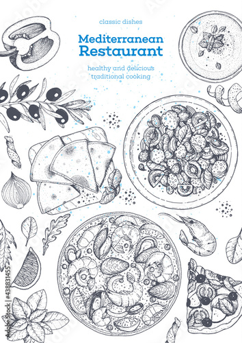 Mediterranean cuisine top view frame. A set of mediterranean dishes. Food menu design template. Vintage hand drawn sketch. Vector illustration. Food collection.