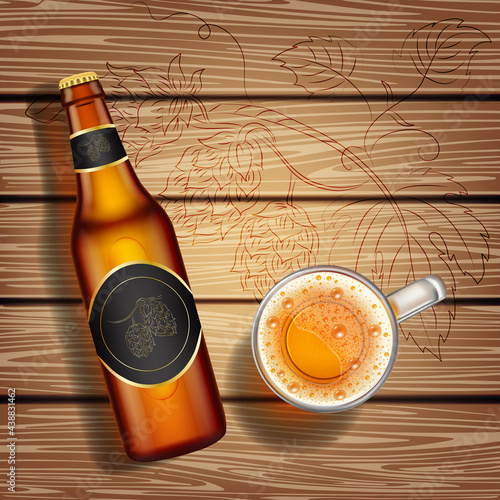 Realistic vector beer in glass, top view, foamy light beer or ale, alcoholic drink with bubbles. Beer in bottle lies on wooden table.
