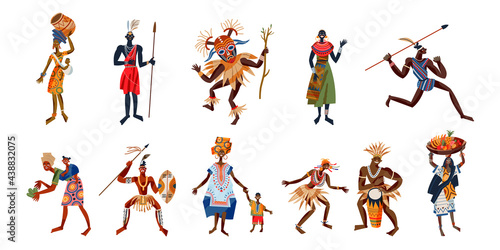 African tribal people set. Men and women, children in tribe vector illustration. Girls with children, food, guys with spears, music instruments. Traditional ethnic cultural elements