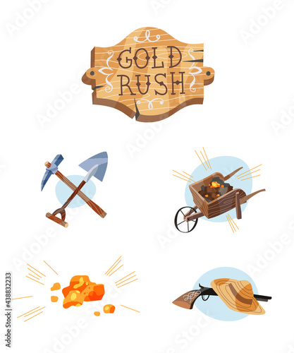 Gold Rush icon set. Gold stones, shovel and pick, cart with goldmine, gun and hat, wooden board with text vector illustration. Western signs of miners and diggers, equipment and tools