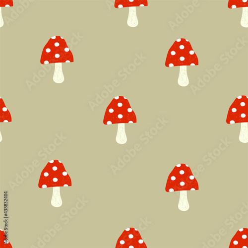 Fly agaric seamless pattern. Red mushroom pattern design. Vector autumn forest illustration. Simple design for kids cloths.