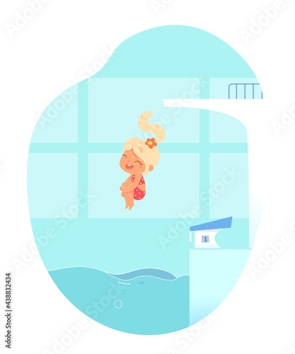 Kid jumping in pool from tower. Girl diving into water to swim in swimmibg pool. Vector illustration. Happy active child having fun on holiday.