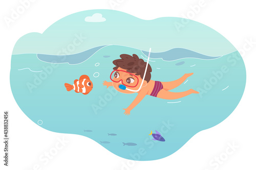 Little boy swimming underwater in sea. Child in blue water having fun in summer vacation vector illustration. Happy kid in goggles and snorkel diving and looking at fish