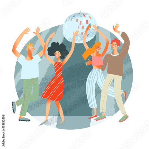 Young people dancing at party. Happy men and women moving on floor with music in apartment at home vector illustration. Couples having fun at night on dark background with ball