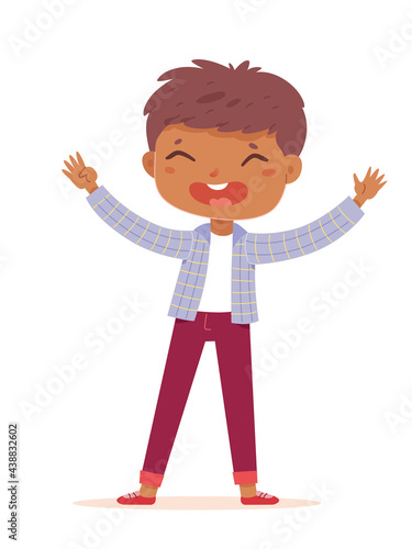 Happy boy standing with arms up. Joyful smiling child. Positive emotion and fun vector illustration. Cute cheerful little kid in good mood in party isolated on white background