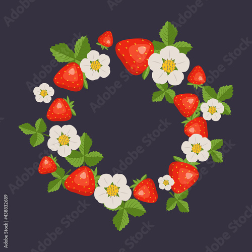 Frame with strawberries  leaves and white flowers on a dark background. Round wreath with berries. Bright fruit pattern. Summer food banner