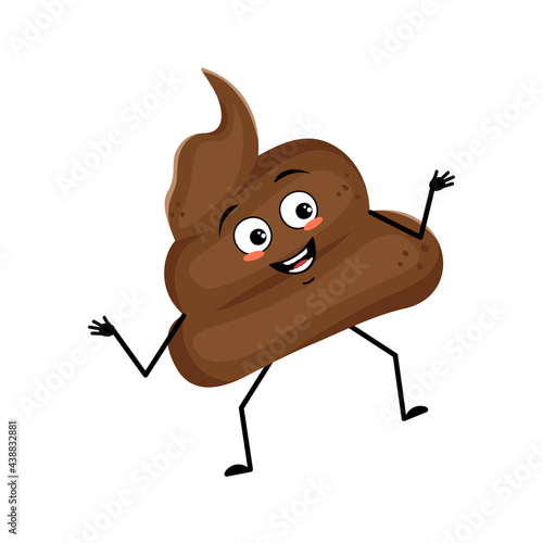 Cute shit character with joy emotions, smile face, happy eyes, arms and legs. A mischievous turd with eyes. Vector flat illustration