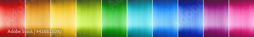 set collection row of colorful anodized aluminum sheet metal plate texture design pattern in rainbow colors isolated on white panorama background