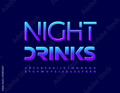 Vector creative sign Night Drinks with Gradient color Alphabet Leters and Numbers. Lunar bright Font