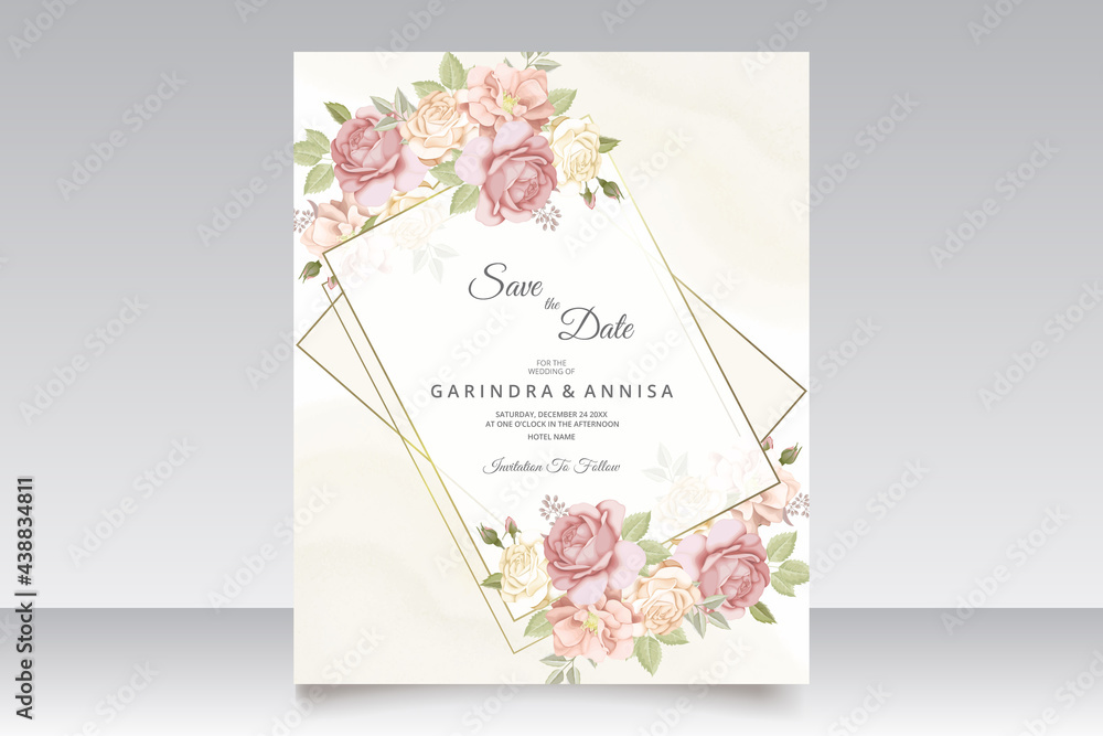  wedding invitation card template set with beautiful  floral leaves Premium Vector