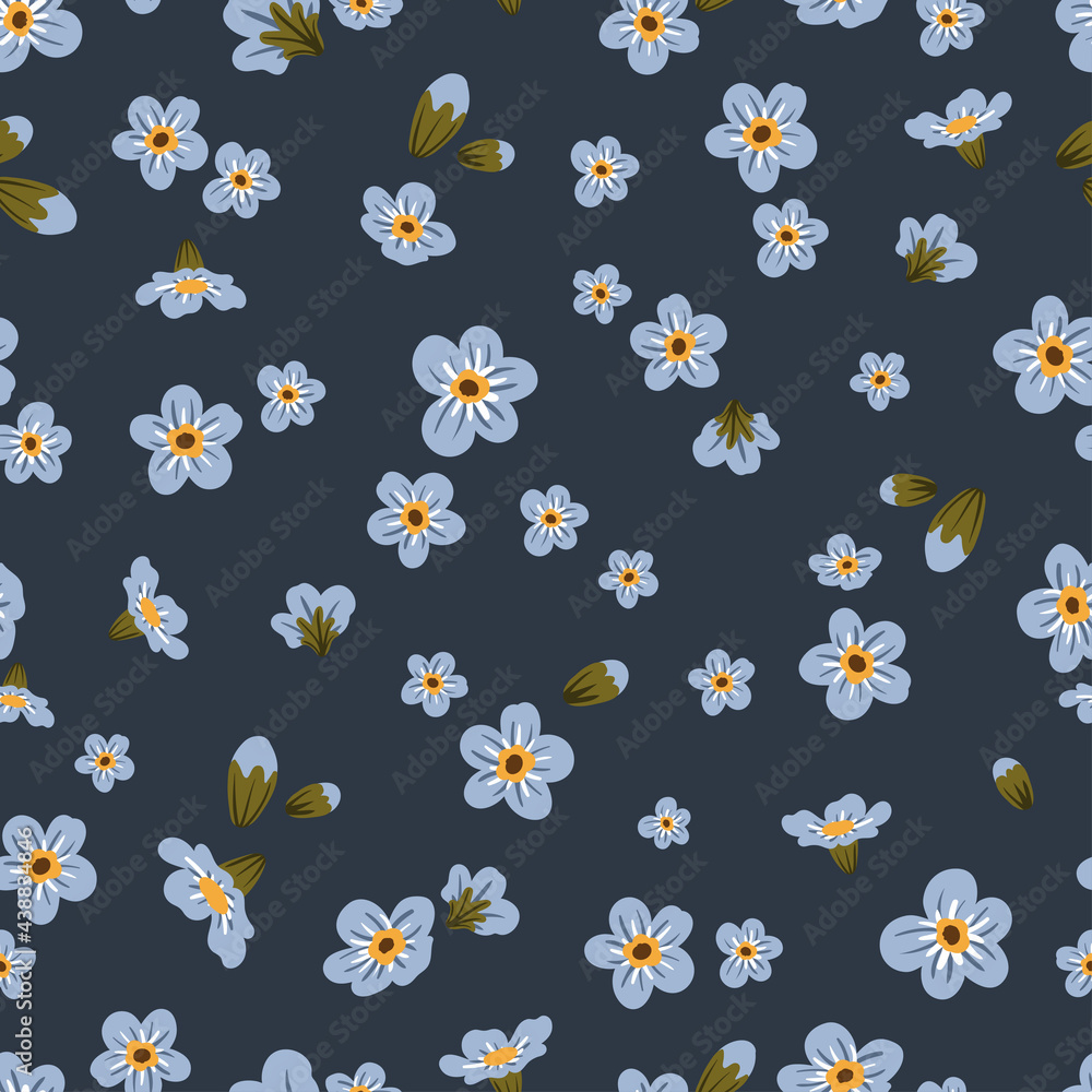Cute blue branch of forget-me-not flower seamless pattern. Delicate summer herb texture. Vector background for paper, cover, fabric, interior decor. Cute blue branch of forget-me-not flower seamless pattern. Delicate summer herb texture. Vector background for paper, cover, fabric, interior decor.