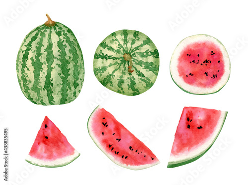 Watercolor watermelons set. Summer sweet red berry, berries slices, bright colors for textile and decor