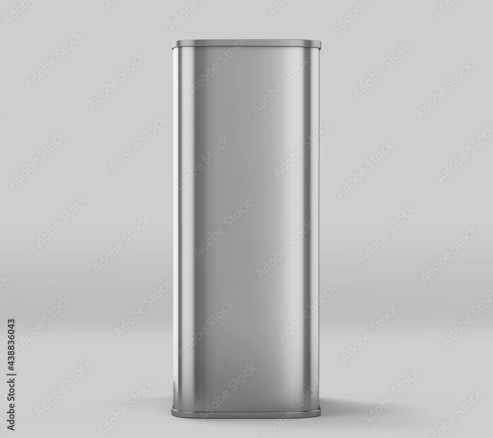 Rectangular Olive Oil Tin Can Mockup, Silver Liquid Container, 3d Rendered isolated on light background Rectangular Olive Oil Tin Can Mockup, Silver Liquid Container, 3d Rendered isolated on light background