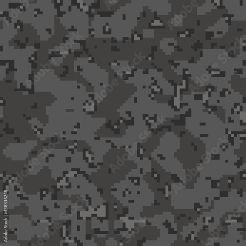 Camouflage pattern background, seamless vector illustration. Classic clothing style masking dark camo, repeat print. Grey and black texture