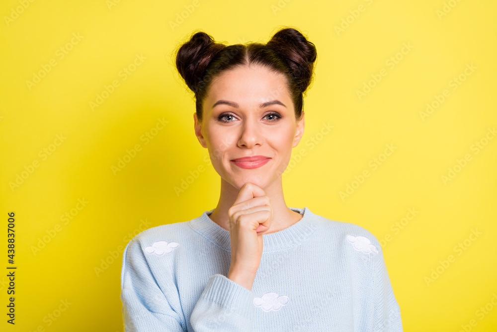 Photo of intelligent lady look camera finger chin think wear blue pullover isolated yellow background Photo of intelligent lady look camera finger chin think wear blue pullover isolated yellow background