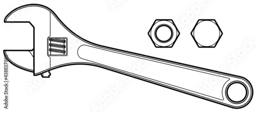 Technical illustration of a single adjustable wrench with a not and bolt. photo