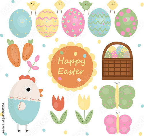 Easter, vector set with cute eggs, chicken and butterflies.