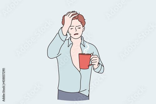 Morning hangover and flu concept. Sleepy guy cartoon character standing with tea cup having headache feeling insomnia cold and fever vector illustration