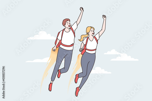 Business success and super power concept. Young smiling positive businessman and woman colleagues in superman attributes flying high reaching business goal together vector illustration 