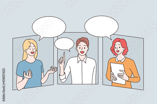 Online communication and video conference concept. Group of young positive business partners having remote meeting online and discussing projects together vector illustration
