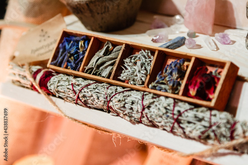 set of dried herbs delphinium, sage, wormwood, lavender, rose. Wormwood wand
