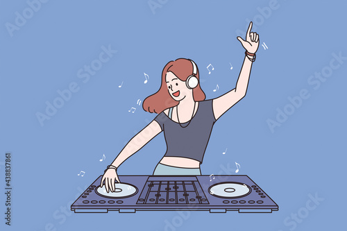 Working as dj in club concept. Young smiling girl teen cartoon character standing and making musical mix with special equipment and working as dj feeling fun vector illustration 