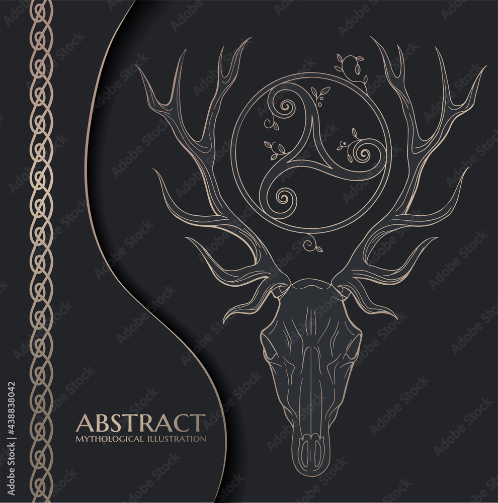 black and gold illustration with Triskelion and deer's skull