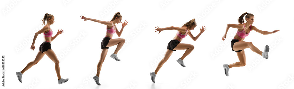 The collage about high jump athlete or fit woman in action